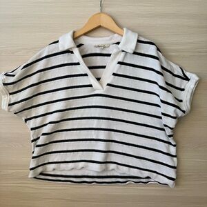 Madewell Striped Knit Polo Top Black White Cropped XS